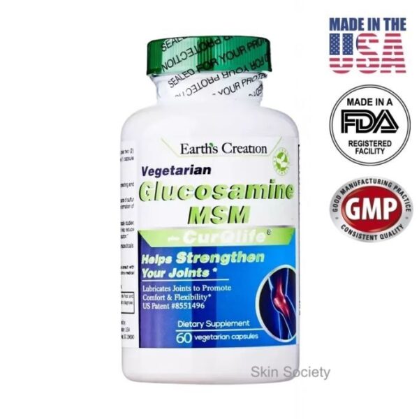 Earth’s Creation Vegetarian Glucosamine MSM plus CurQlife 60 Capsules